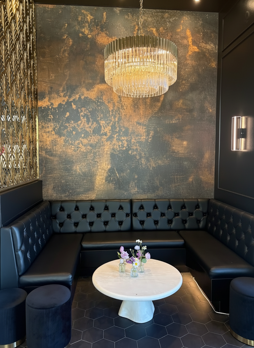 Insomnibar interior — chandelier, clean lines, lounge atmosphere